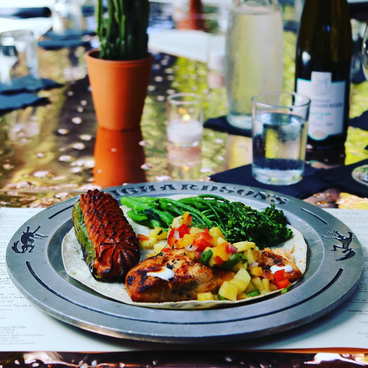 Grilled seafood with vegetables served on Richardson’s signature platter
